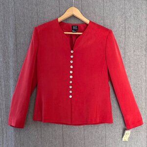 90s Morgan Taylor Red 100% Silk Mother of Pearl Button Blazer Pencil Skirt Set